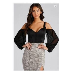 Windsor Satin Corset Crop Top Small Black Sheer Puff Sleeve Whimsigoth Edgy Chic